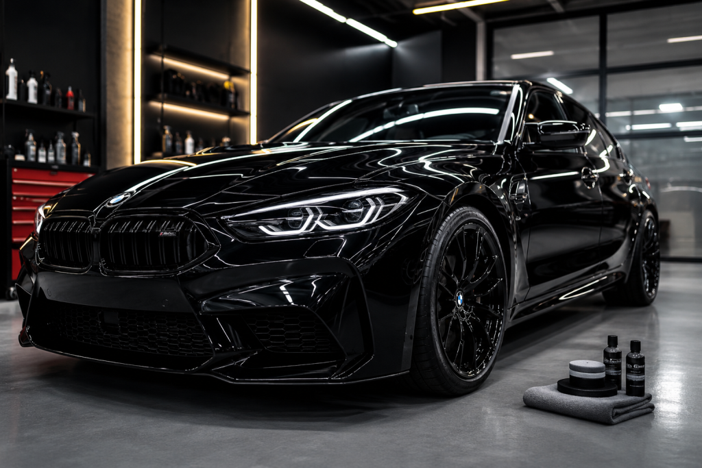 Black luxury car receiving ceramic coating at Alfaan Auto Care Sharjah