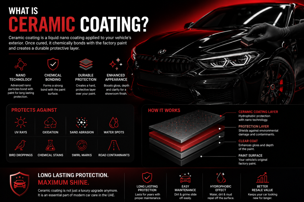 Black luxury car receiving ceramic coating treatment with red and black infographic design showing UV protection, hydrophobic effect, swirl mark resistance, chemical protection, and long lasting paint protection in UAE conditions.