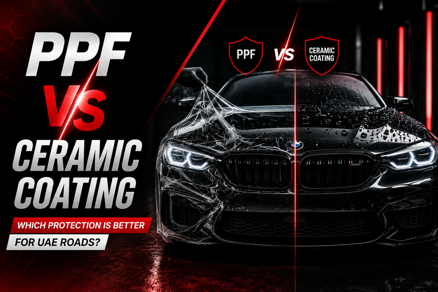 Black luxury car with PPF and ceramic coating infographic design showing paint protection benefits for UAE roads and weather conditions.