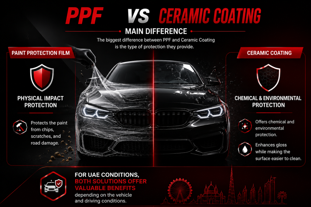 PPF vs Ceramic Coating comparison infographic showing black luxury car with paint protection film on one side and ceramic coating on the other, highlighting physical impact protection, chemical resistance, gloss enhancement, and paint protection benefits for UAE driving conditions.