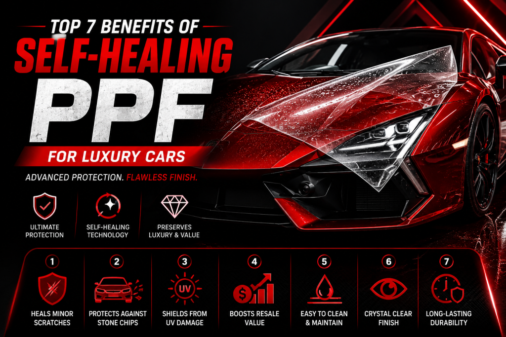Self-Healing PPF benefits infographic showing a red luxury sports car with paint protection film, scratch resistance, UV protection, stone chip protection, and long-lasting luxury car protection.