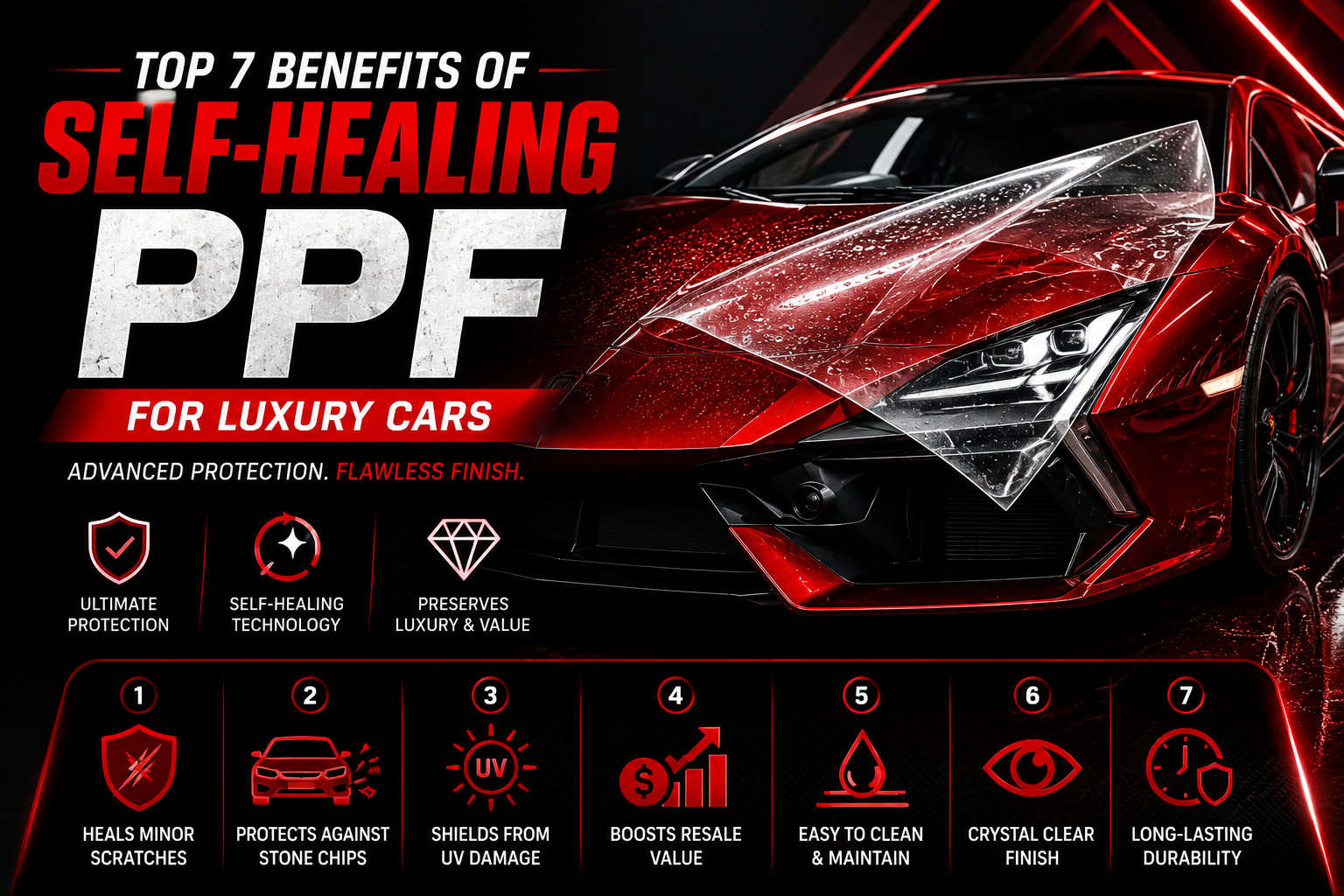 Self-Healing PPF benefits infographic showing a red luxury sports car with paint protection film, scratch resistance, UV protection, stone chip protection, and long-lasting luxury car protection.