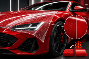 Self-Healing PPF applied to a red luxury car showing transparent paint protection film and scratch-healing technology for long-term luxury car protection.