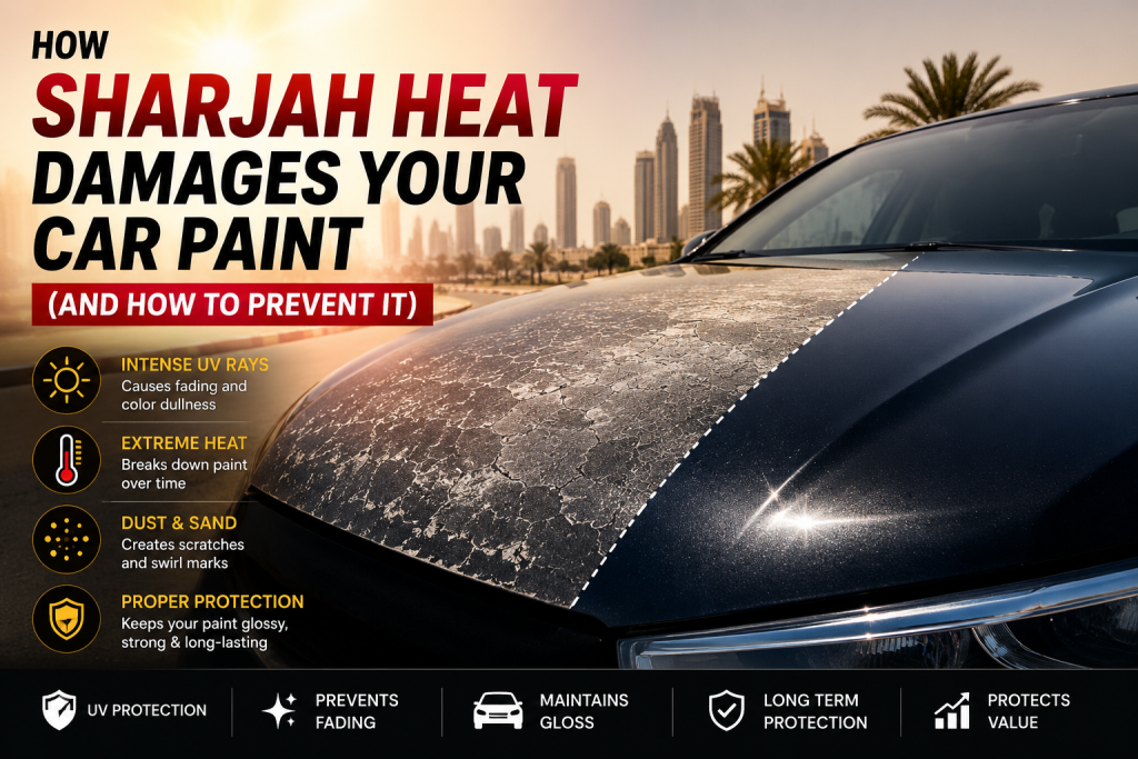 How Sharjah heat damages car paint showing UV damage, fading, oxidation, dust scratches, and paint protection solutions for UAE vehicles