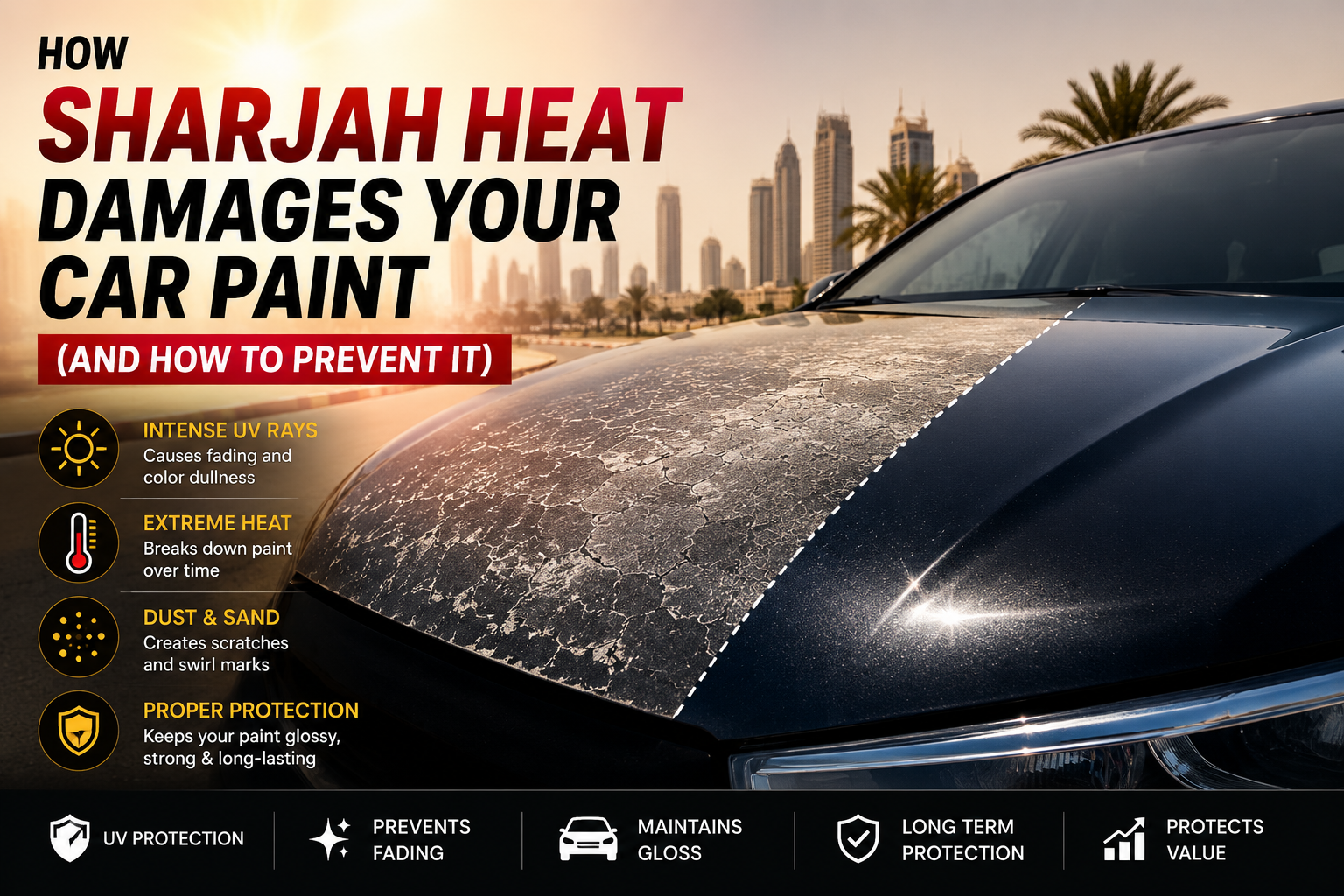 How Sharjah heat damages car paint showing UV damage, fading, oxidation, dust scratches, and paint protection solutions for UAE vehicles