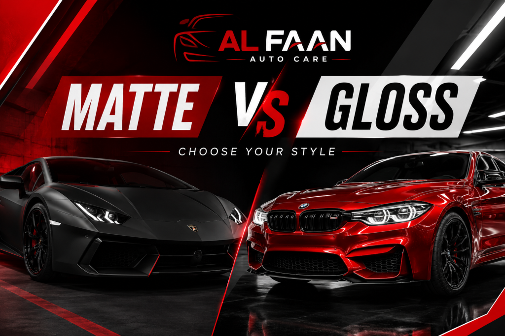 Matte vs Gloss Car Wrapping UAE 2026 featuring matte black and gloss red luxury cars by Alfaan Auto Care Sharjah, showcasing premium vehicle wrapping trends and customization options.