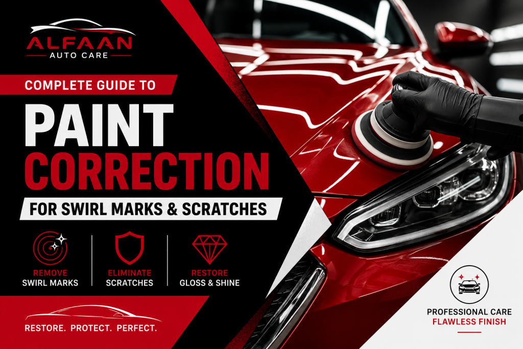 **Alt Text:** Professional paint correction service removing swirl marks and light scratches from a red car using a dual-action polisher at Alfaan Auto Care.