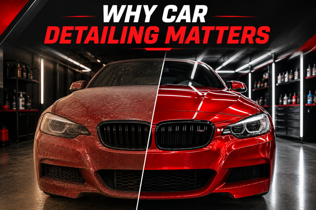 Why car detailing matters illustrated with a before-and-after comparison of a red luxury car, showing the transformation from a dusty exterior to a glossy showroom finish after professional detailing in Sharjah.