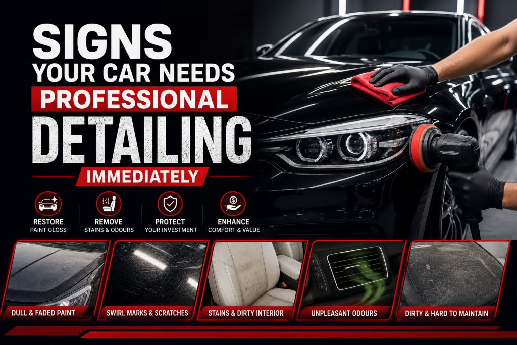 Professional car detailing in Sharjah showing a luxury black car being polished with signs of dull paint, swirl marks, interior stains and odours.