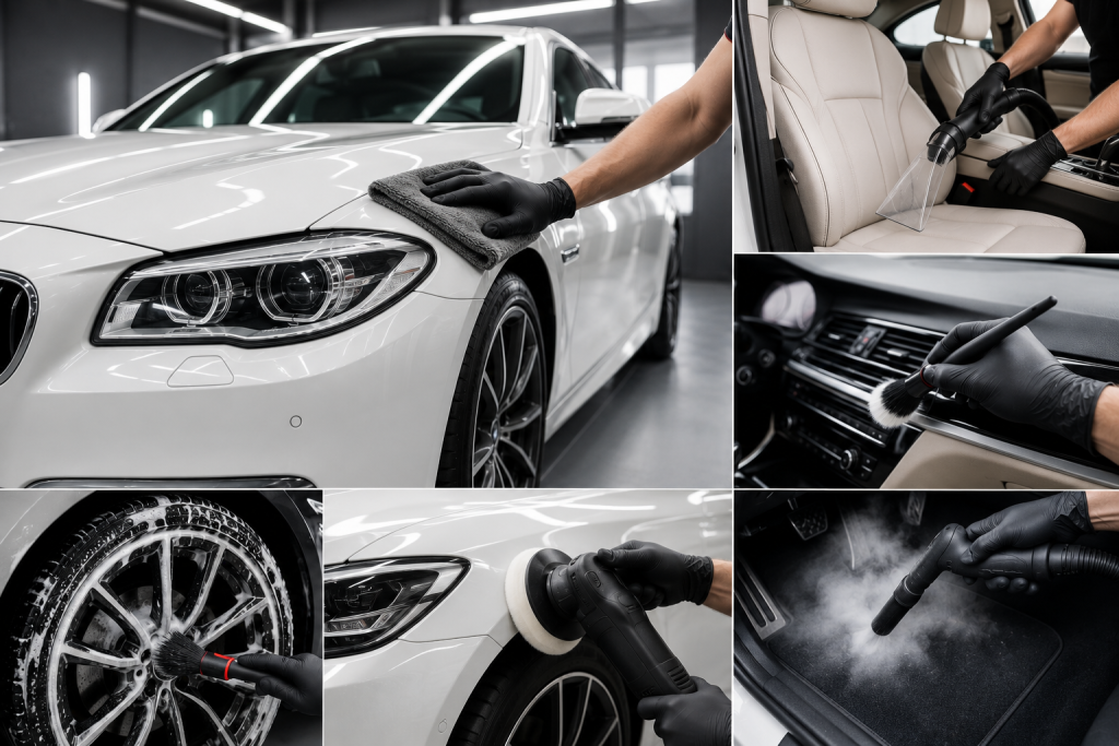 Professional car detailing of a white luxury car, including exterior polishing, wheel cleaning, interior vacuuming, dashboard cleaning and steam cleaning.