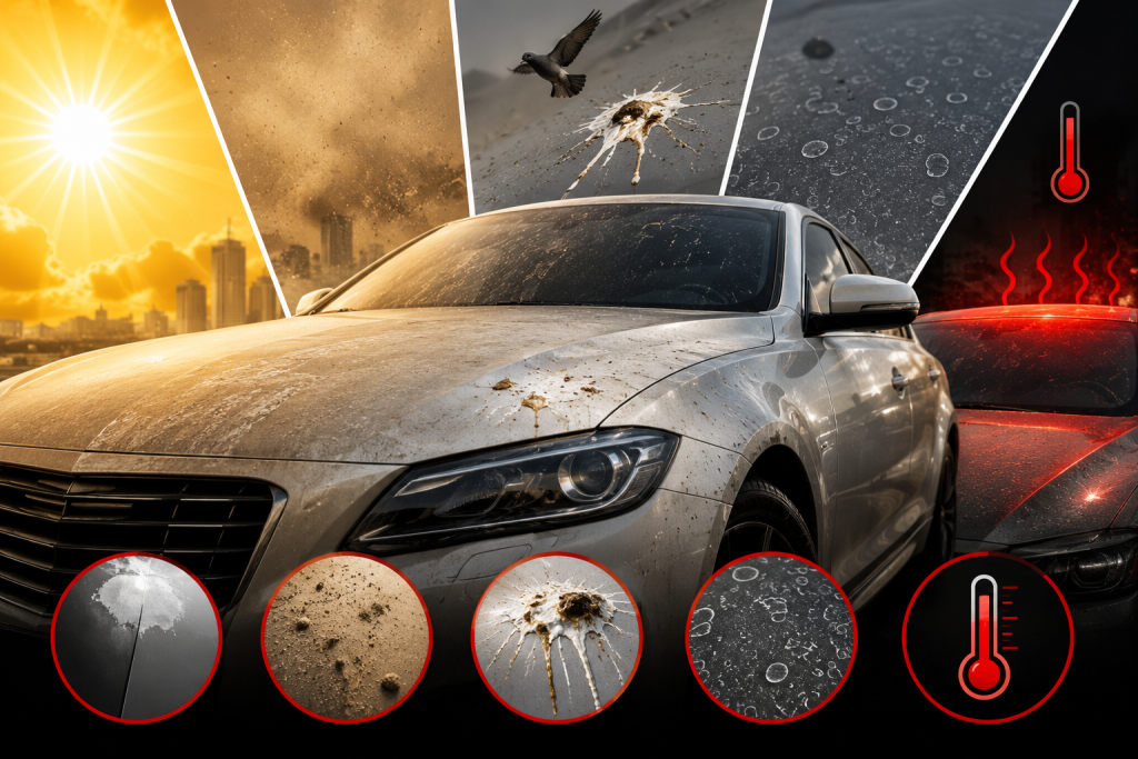 Luxury car exposed to harsh UAE sun, dust, bird droppings, water spots, and extreme heat showing how prolonged outdoor parking damages car paint in Sharjah.