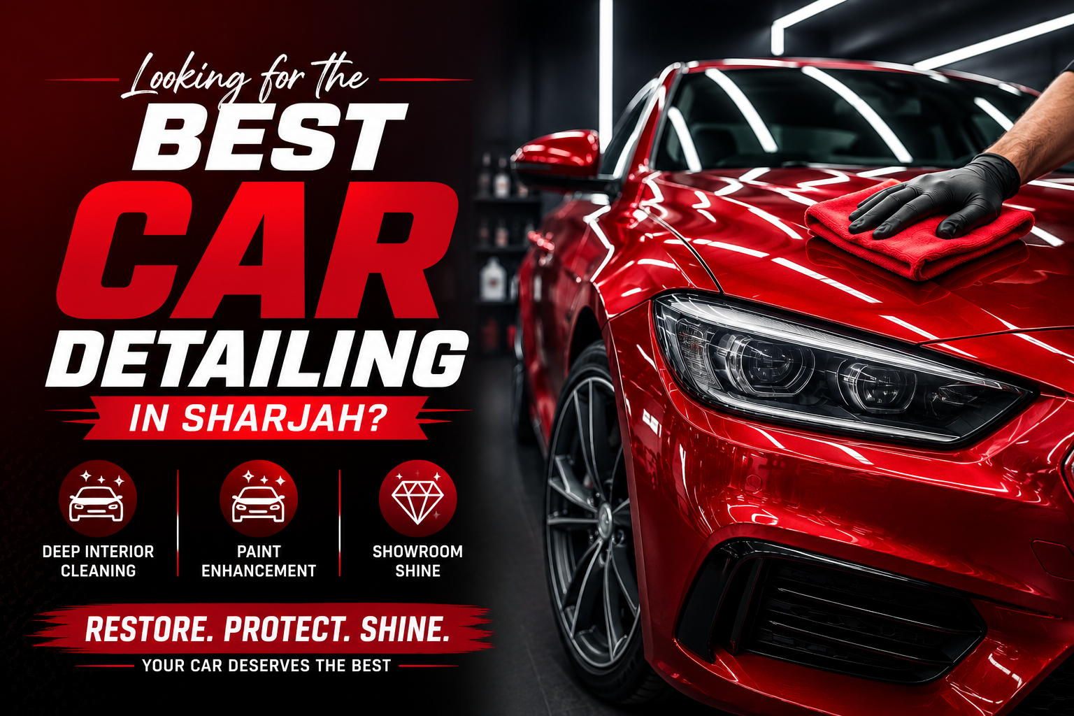 Best car detailing in Sharjah with a professional technician polishing a red luxury car, showcasing deep interior cleaning, paint enhancement, and showroom shine at Alfaan Auto Care.