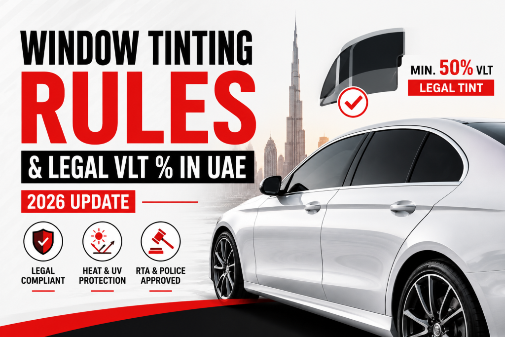 Window Tinting Rules and Legal VLT Percentage in UAE 2026 – White Car with Legal 50% Tint in Sharjah