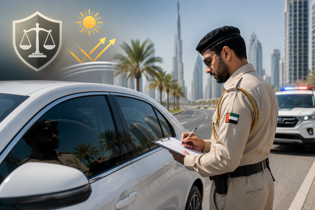 UAE traffic police inspecting a legally tinted white car in Dubai, highlighting window tinting laws, road safety, and RTA compliance under UAE regulations.