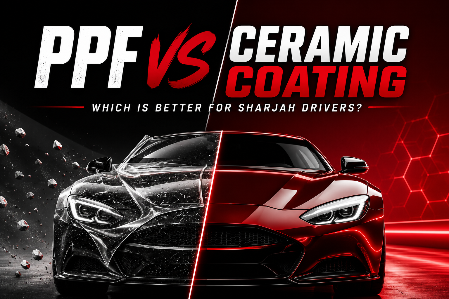 PPF vs Ceramic Coating Sharjah featured image showing a luxury sports car split into Paint Protection Film and Ceramic Coating sections with a black, red, and white design and the heading "PPF vs Ceramic Coating – Which Is Better for Sharjah Drivers?"