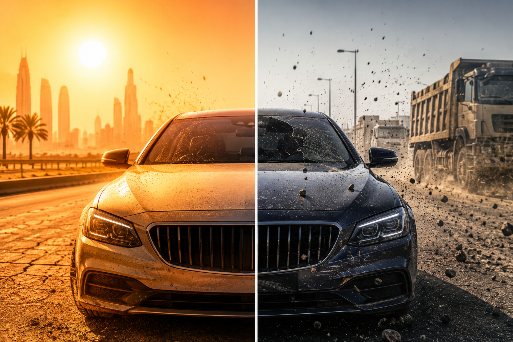 Luxury sedan driving in harsh Sharjah conditions with intense summer heat, desert sand, and flying road debris, illustrating why Paint Protection Film and ceramic coating are essential for protecting car paint in the UAE.