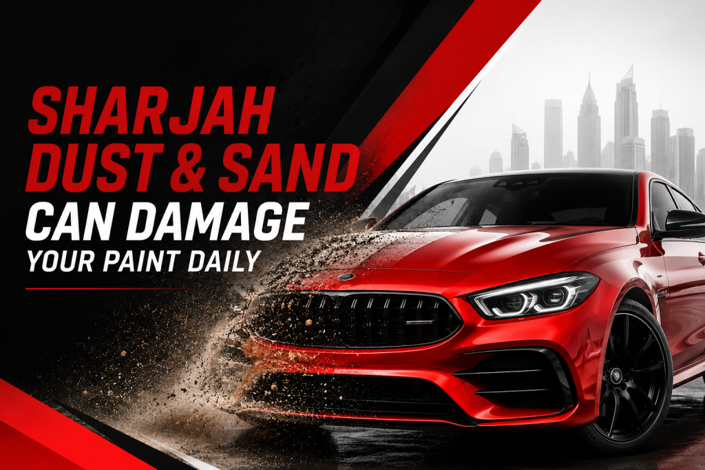 Red luxury car driving through Sharjah dust and sand illustrating the importance of ceramic coating and paint protection film (PPF) for protecting vehicle paint from daily UAE environmental damage.