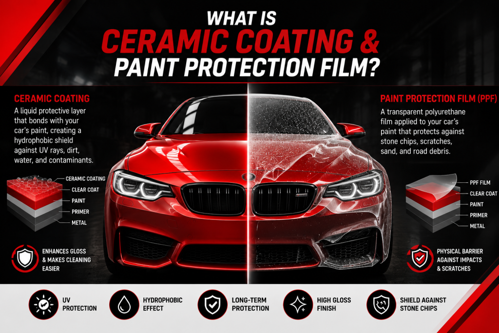 Illustration comparing ceramic coating and paint protection film (PPF) on a red luxury car, showing how ceramic coating enhances gloss and repels contaminants while PPF provides a durable barrier against scratches, stone chips, and road debris.