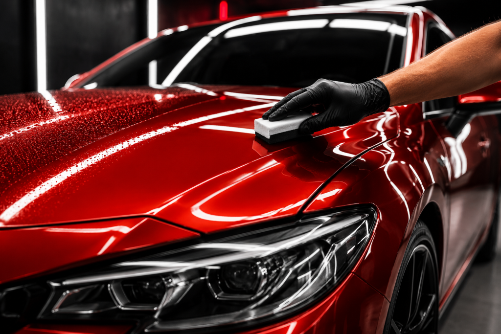 Professional technician applying premium ceramic coating to a red luxury car in a detailing studio, showcasing high-gloss paint protection for UAE summer conditions in Sharjah.