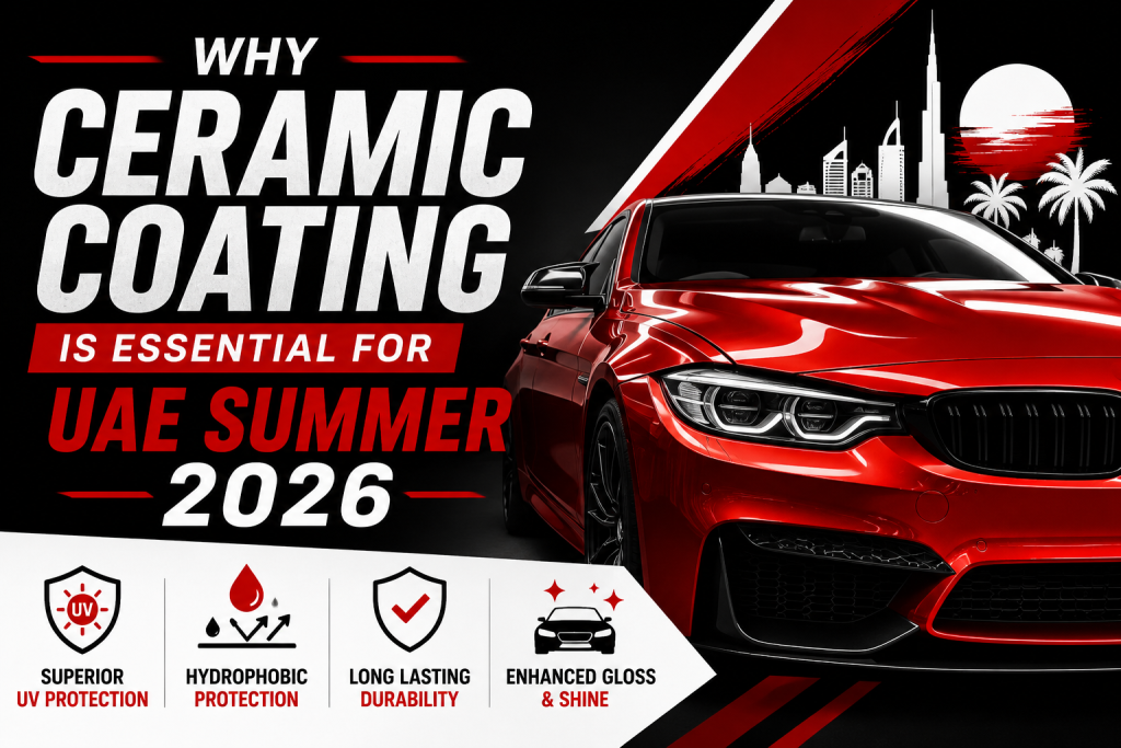 Professional ceramic coating featured image showing a red luxury car with the heading "Why Ceramic Coating is Essential for UAE Summer 2026", highlighting premium paint protection services in Sharjah against harsh UAE heat and UV exposure.