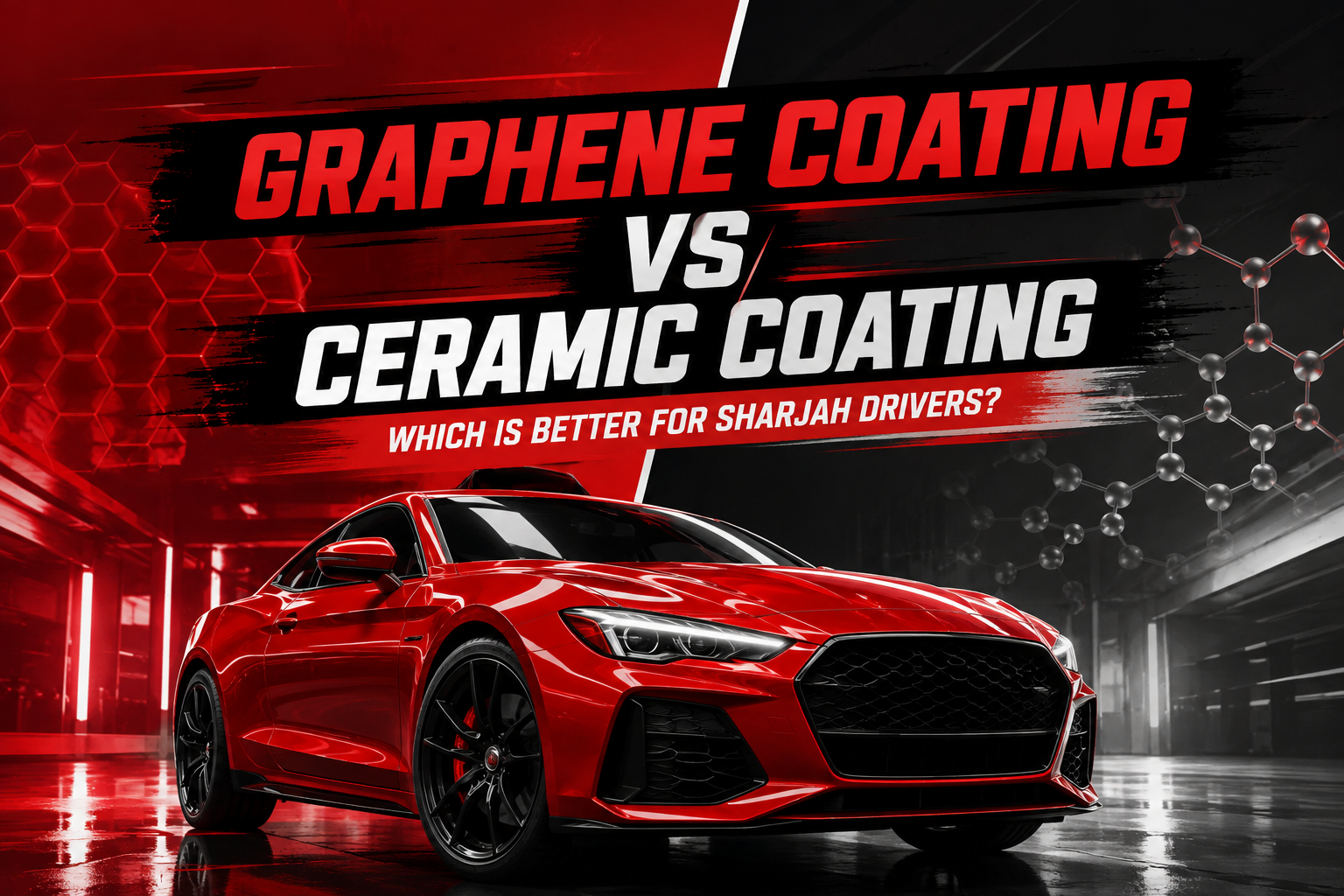 Graphene coating vs ceramic coating comparison for a red car in Sharjah.