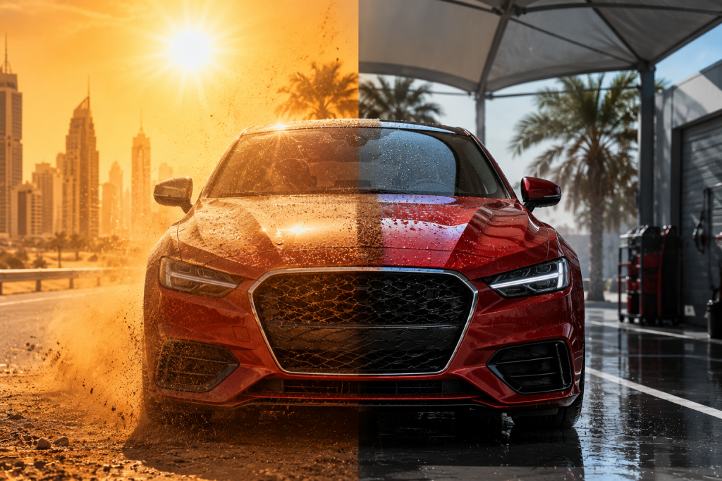 Red luxury car exposed to intense Sharjah heat, desert dust, UV sunlight, and coastal conditions.