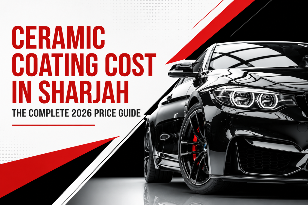 Ceramic coating cost in Sharjah 2026 price guide featuring a black luxury car with red, black, and white design.