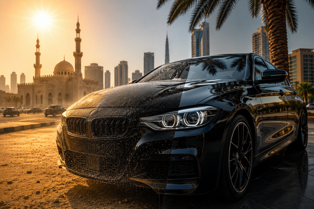 Black luxury car exposed to intense Sharjah sun and dust, contrasting unprotected and ceramic-coated paint protection.
