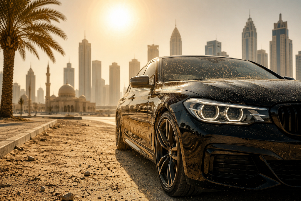 Black luxury car exposed to intense Sharjah heat, UV rays, dust, and sandy conditions, highlighting the importance of proper car detailing and paint protection.