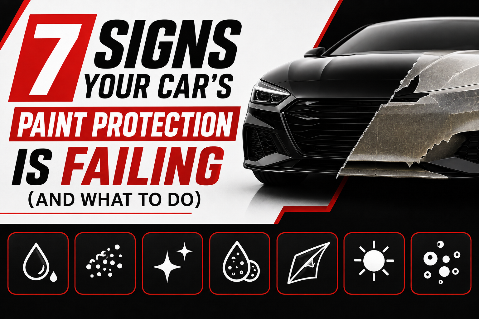 Black car with peeling paint protection film, surrounded by seven icons representing signs of failing ceramic coating and PPF.