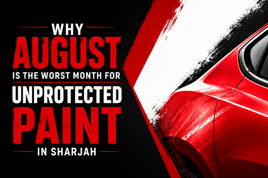 Why August Is the Worst Month for Unprotected Car Paint in Sharjah – bold red, black, and white featured image with a close-up of a red car body panel, highlighting the impact of extreme summer heat and UV damage on automotive paint.