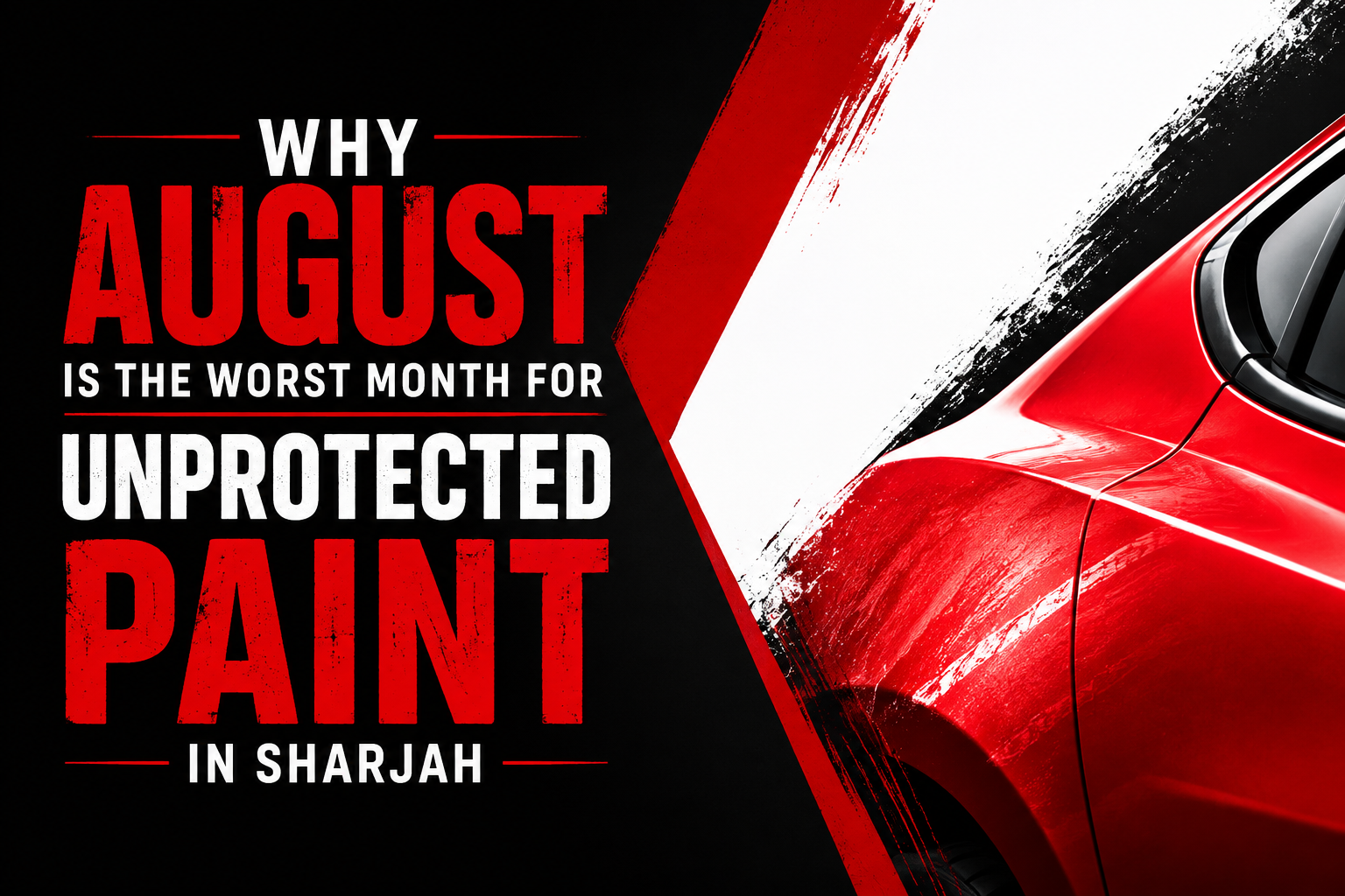 Why August Is the Worst Month for Unprotected Car Paint in Sharjah – bold red, black, and white featured image with a close-up of a red car body panel, highlighting the impact of extreme summer heat and UV damage on automotive paint.