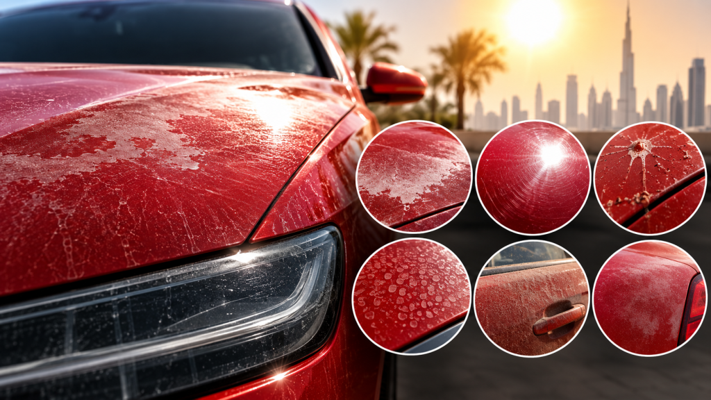 Close-up of a red car showing severe paint damage caused by Sharjah's extreme summer heat, including oxidation, faded clear coat, swirl marks, bird droppings, water spots, and UV-related paint deterioration.