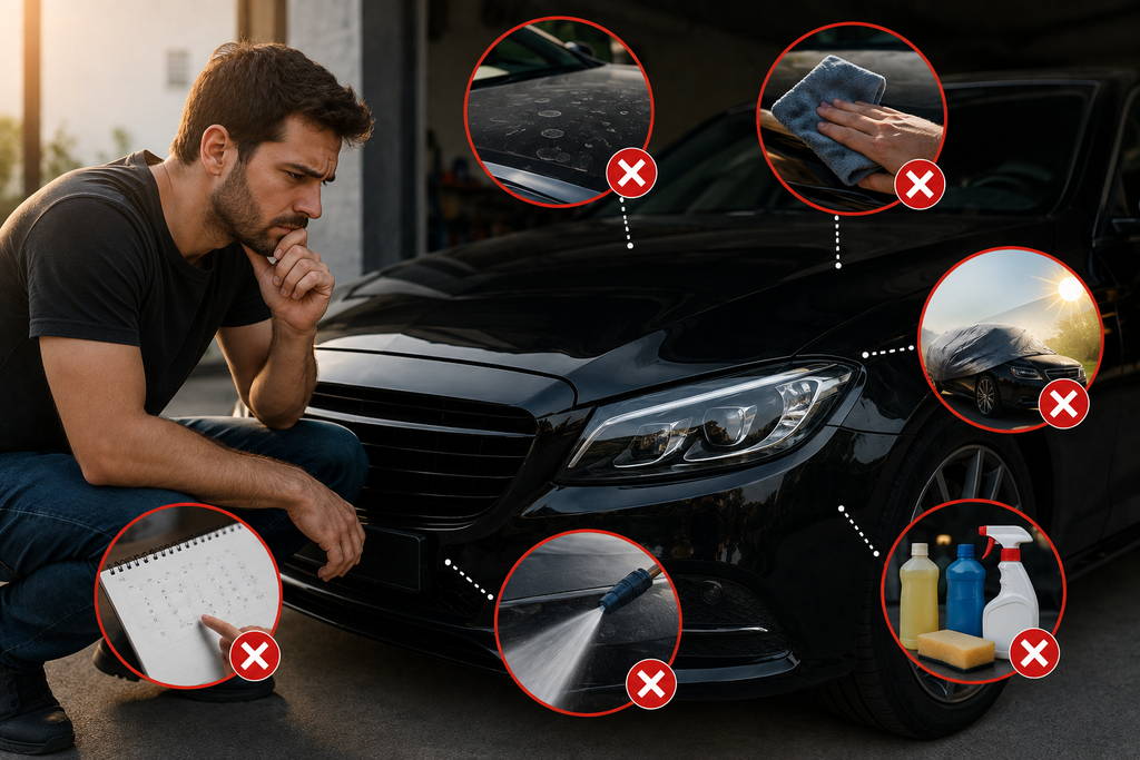 Car owner inspecting a black car with visual examples of common ceramic coating and PPF maintenance mistakes, including water spots, harsh cleaning products, improper washing, direct sun exposure, and missed maintenance.
