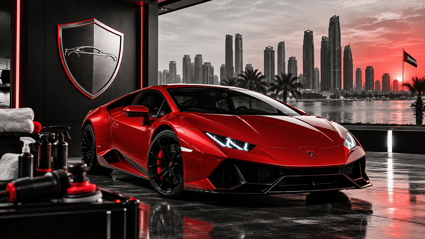 Luxury red supercar receiving premium paint protection and detailing in Sharjah, with a dramatic black-and-white UAE-inspired skyline.