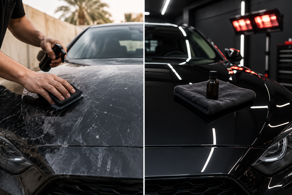 DIY ceramic coating application on a car hood compared with a professionally coated glossy finish in a controlled detailing environment.