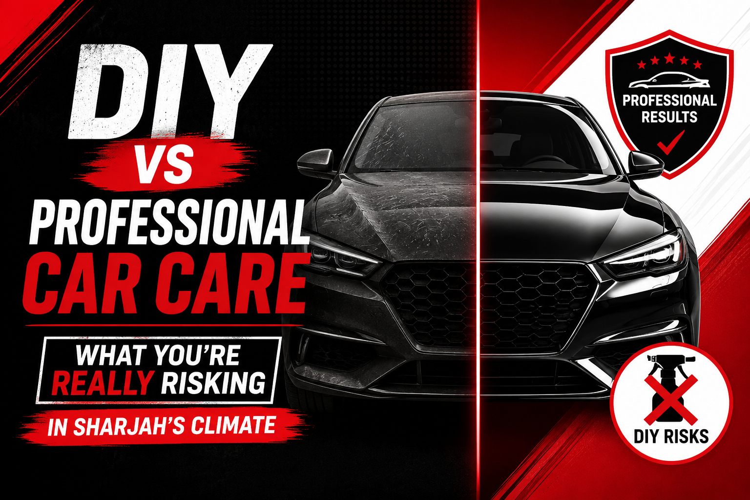 DIY vs professional car care comparison showing car detailing risks in Sharjah’s climate.