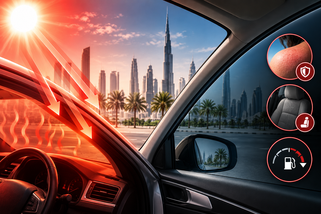 Car window heat reduction in the UAE showing solar heat, UV exposure, and interior protection