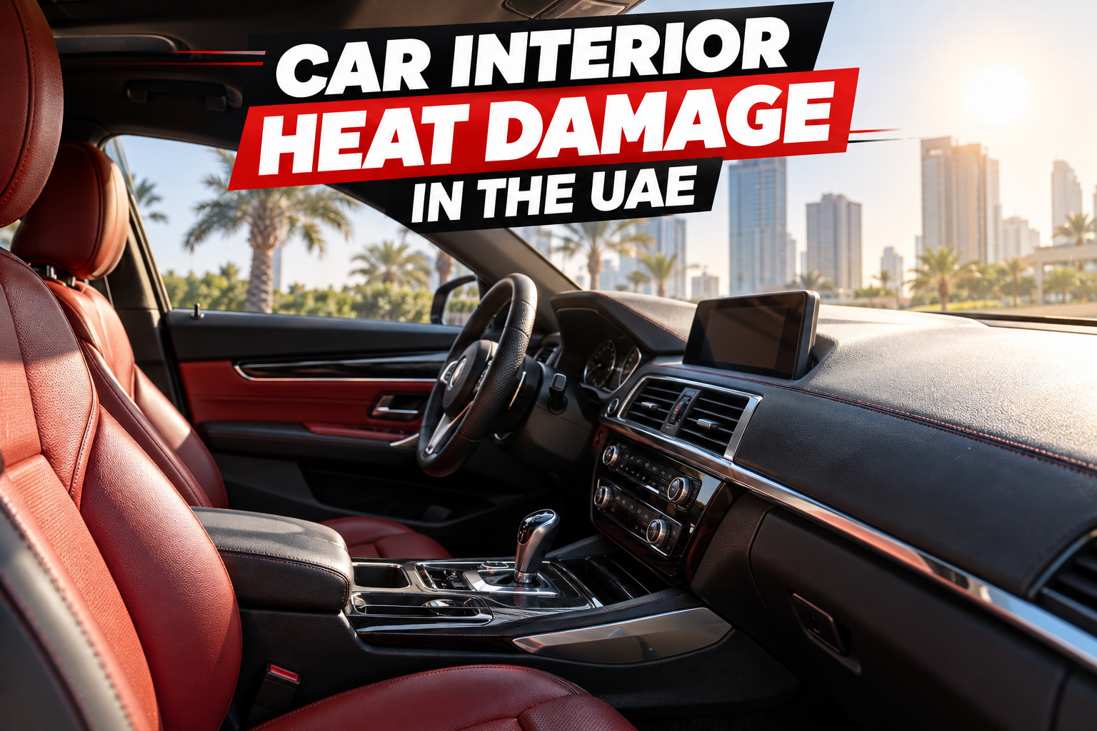 Car interior heat damage in the UAE showing red leather seats and dashboard exposed to intense sunlight.