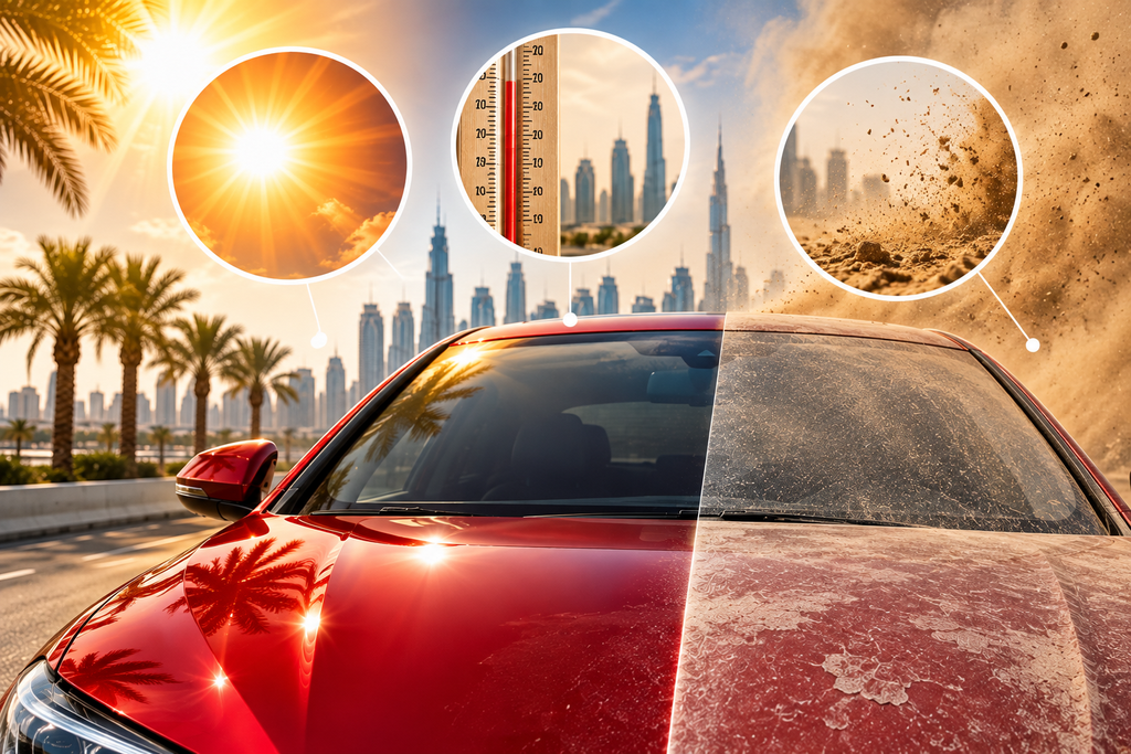 UAE climate accelerating car paint damage through intense UV radiation, extreme heat, and abrasive sand and dust.
