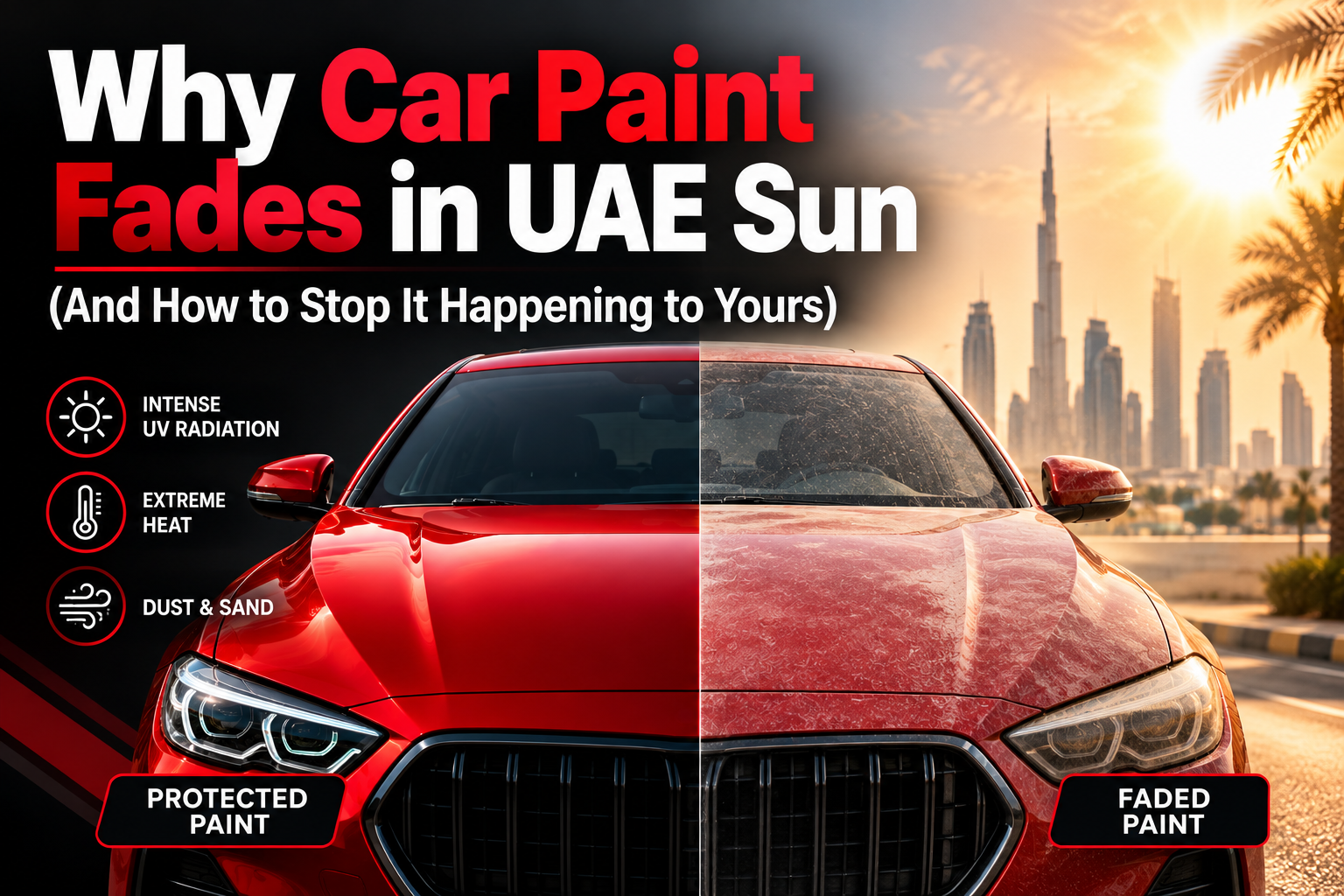Why car paint fades in UAE sun, showing glossy and faded red car paint.