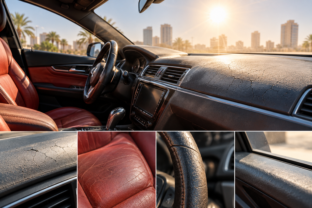 Heat-damaged car interior with a cracked dashboard, dried leather seats, worn steering wheel, and sun-exposed trim in the UAE.