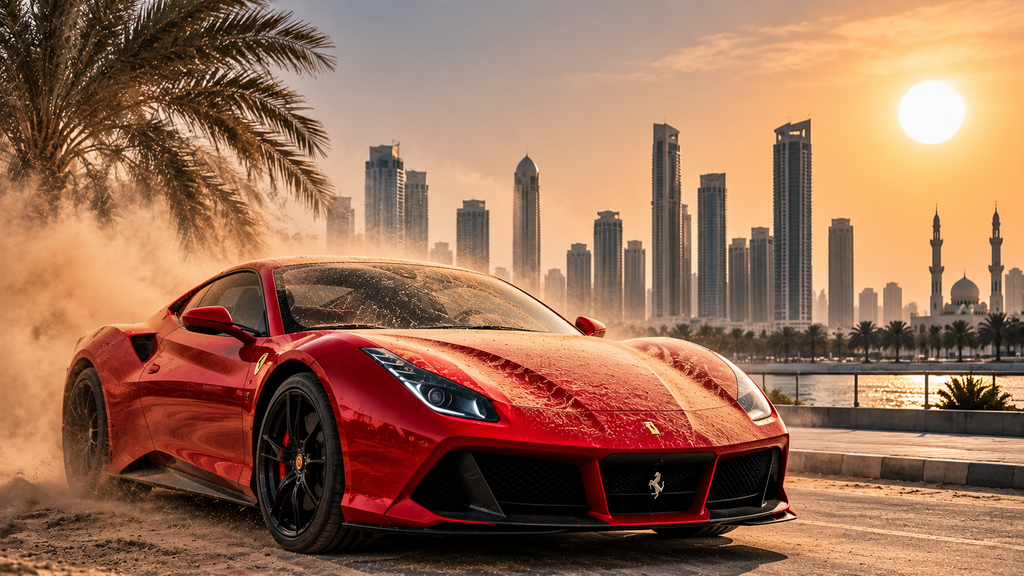 Red luxury supercar exposed to intense sun, dust, and desert conditions on a Sharjah waterfront, highlighting the climate challenges faced by high-value vehicles.