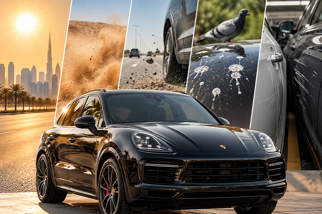Luxury black car exposed to intense sun, desert dust, road debris, bird droppings and parking scratches, highlighting the need for paint protection film in Sharjah.