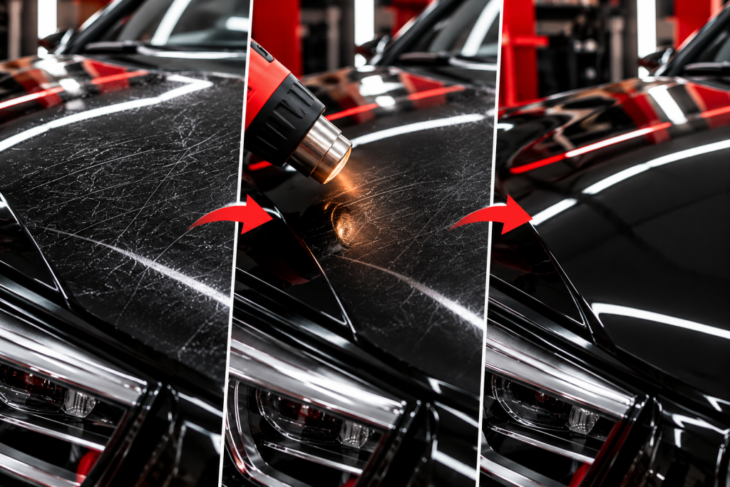 Self-healing PPF repairing scratches with heat - before, during and after