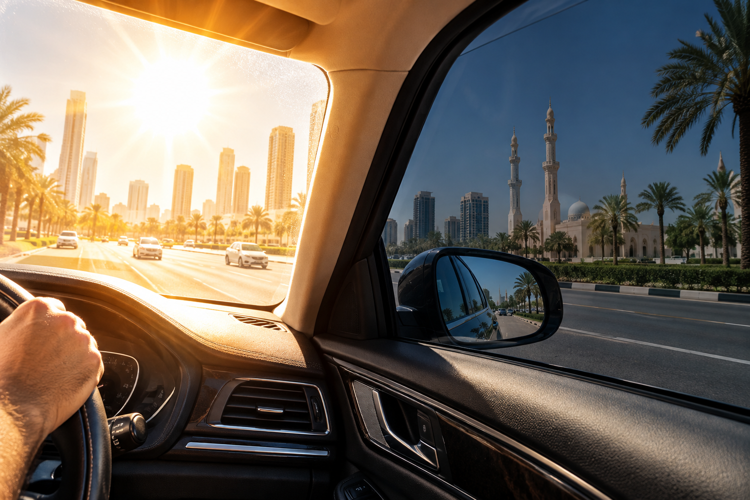 Intense sun heat entering a car cabin through the windows in Sharjah