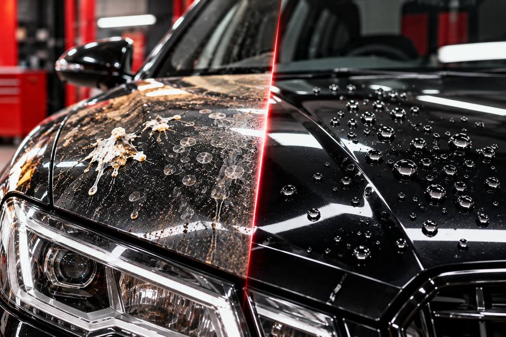 Ceramic coating protects black car paint from contaminants with a glossy finish and water-beading effect, showing before and after paint protection in a detailing workshop.