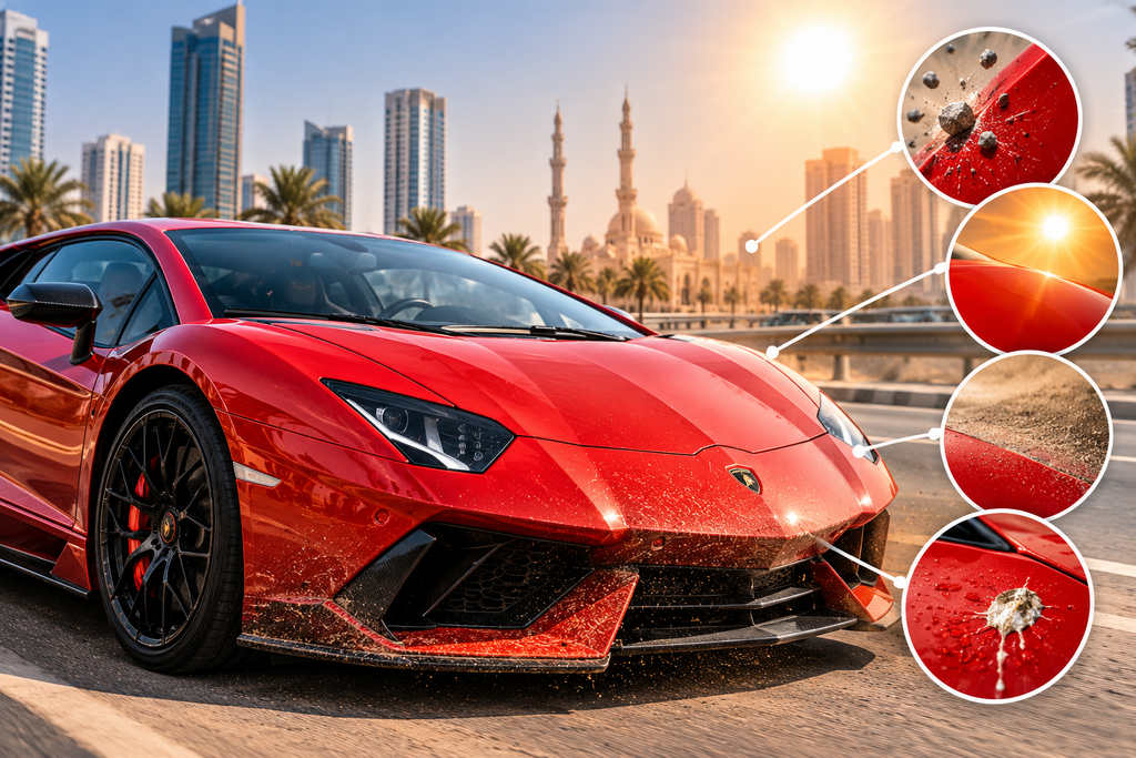 Red supercar driving in Sharjah under intense sunlight, with close-up visuals showing road debris, sand, UV exposure, and contamination that can damage unprotected paint.