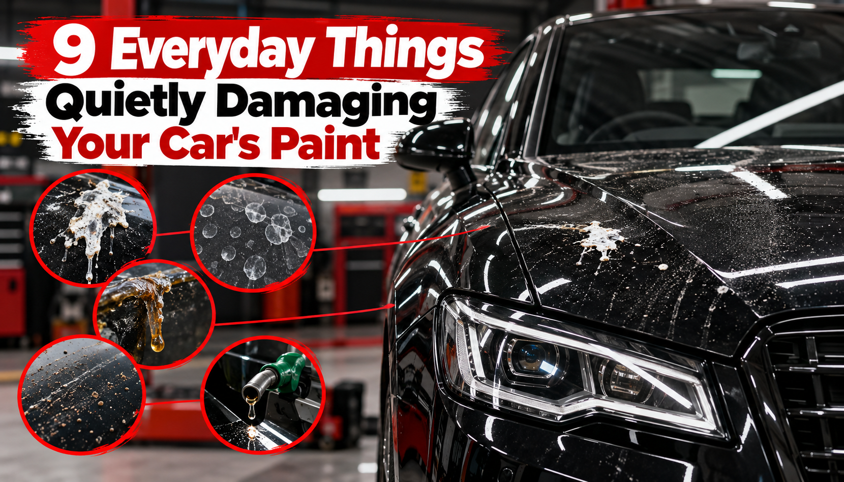 Things That Damage Car Paint: Bird Droppings, Hard Water Spots, Tree Sap, and Fuel Spills on a Black Car