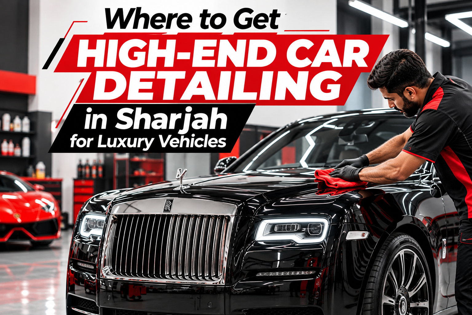 High-end car detailing in Sharjah for luxury vehicles, featuring a professional detailer polishing a luxury black car in a premium workshop.